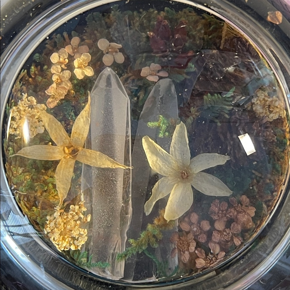 Paperweight: Rocky Mountain Wildflowers Domed Glass w/ Quartz Crystals & flowers